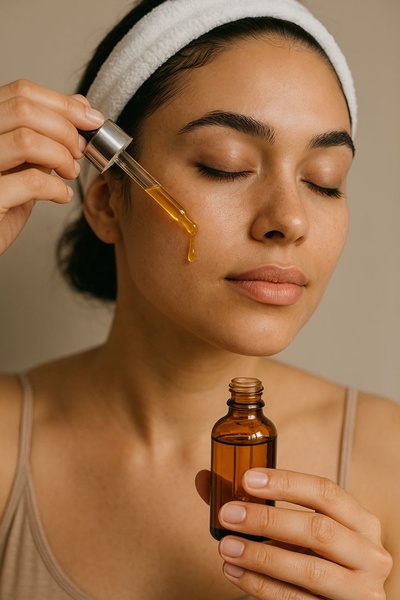 A close-up, high-quality photograph of a person applying facial serum from a glass dropper, emphasizing texture and a clean, natural brand experience.